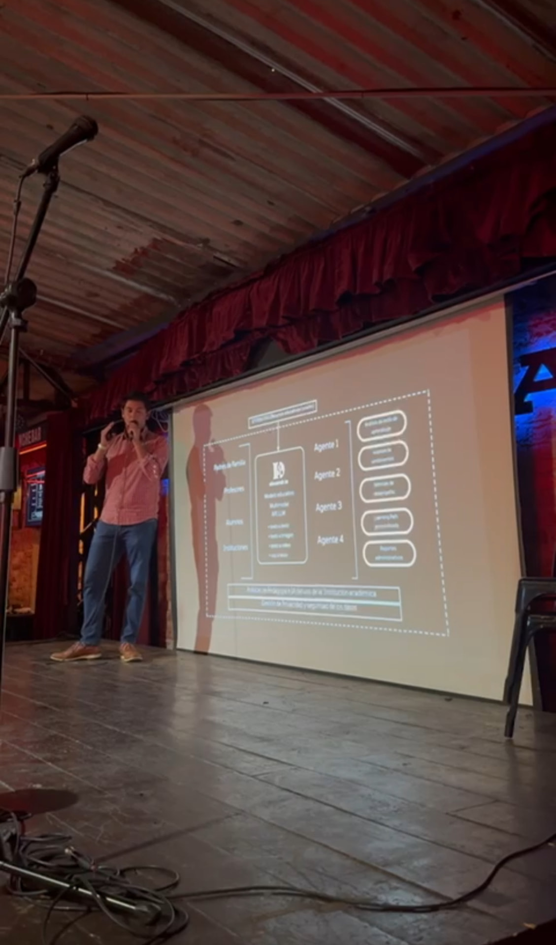 Eugenio Salas presenting the Alexandr.ia framework diagram on stage